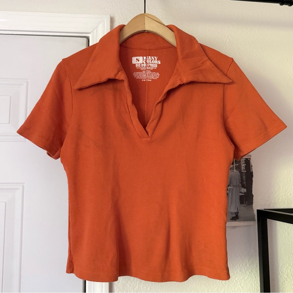 BIG BUD PRESS rust orange short sleeve cotton knit polo popover boxy cropped top